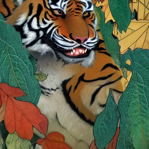 Image similar to a highly detailed portrait of cartoon tiger, sweating, flapping a leaf fan, autumn leaves on the ground, concise lines, ultradetailed environment, sharp focus, cinematic lighting, character art, 8 k, by alphonse maria mucha and kim jung gi