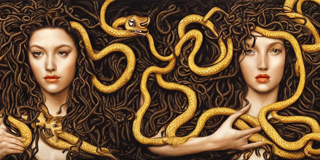 Image similar to realistic portrait of beautiful medusa with her snakes, golden, delicate, facing camera, hyper realism, 1 4 5 0, ink, ultra realistic, 8 k