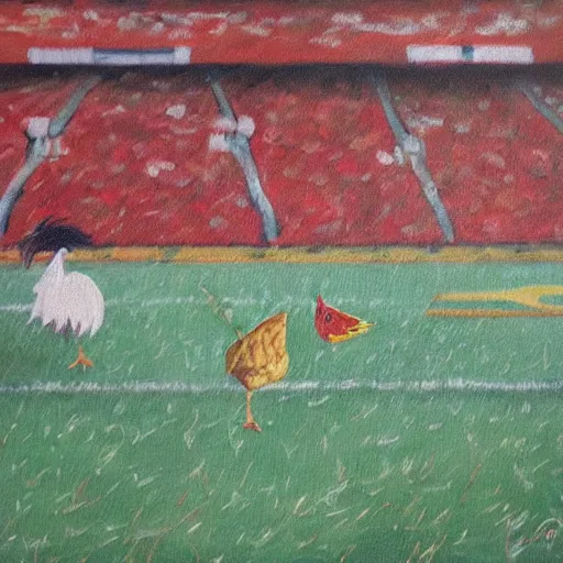 Image similar to the famous funky chicken runs across a football field, interrupting the big game, oil painting