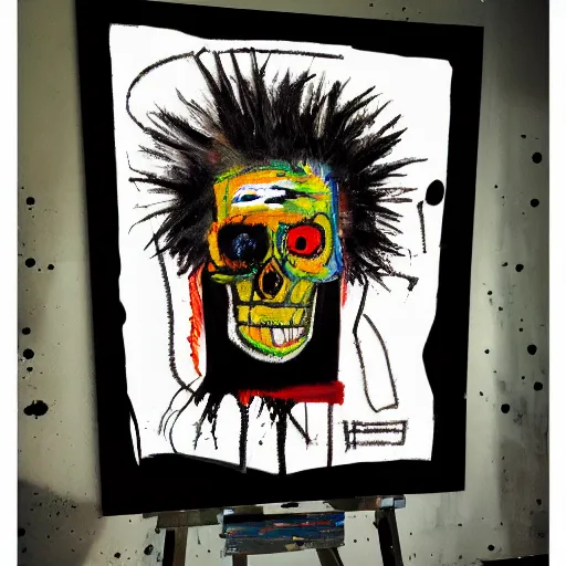 Image similar to Gritty splattered punk painting of the anatomy of a mad scientist & skeleton, painted by Basquiat. Dark background. Black background. award winning painting. Trending on artstation and behance.