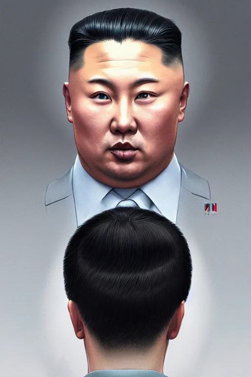 Image similar to vladimir putin with kim jong un hairstyle, realistic portrait, symmetrical, highly detailed, digital painting, artstation, concept art, smooth, sharp focus, illustration, cinematic lighting, art by artgerm and greg rutkowski and alphonse mucha