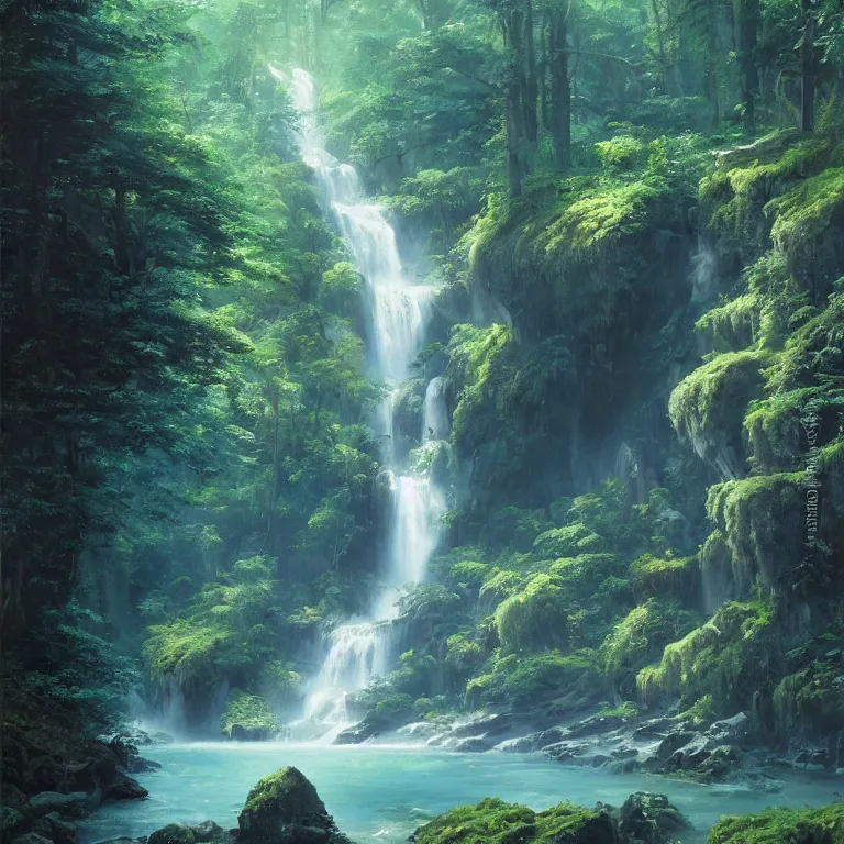 Image similar to A beautiful oil painting of a very tall waterfall on a very rocky cliff, in the middle of a huge forest of trees with bright blue glowing leaves, by Greg Rutkowski