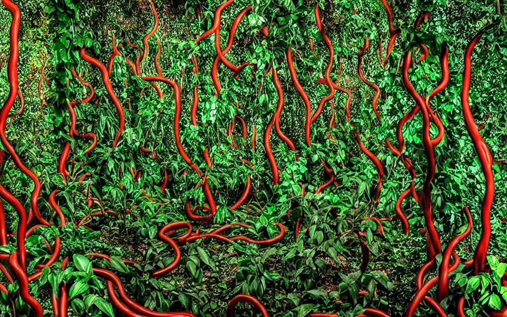 Prompt: Multiple layers of perspective Deep dark green jungle vines. metal foundry Clay sculpture by Magritte. Surreal sense of scale and depth. mind bending illusions of light and shadows by Magritte and Dali. Huge clay art installation in an abandoned metal foundry. red, gold, green, black.