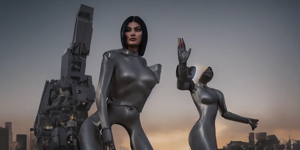 Image similar to cinematic wide angle view of a dystopian kylie jenner statue in the middle of los angeles being worshipped by shadow figures, orwellian, by neil blevins, high detail, digital art, pop art style, death stranding art style, cinematic lighting, artstation, cgsociety, unreal engine 5 render, octane render, 3 5 mm film grain