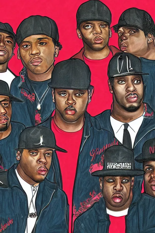 Prompt: a professionally drawn digital art image of the NWA rap group but they’re women, intricate, digital painting, trending on instagram, front photo, sharp focus, 1986 photo, award winning