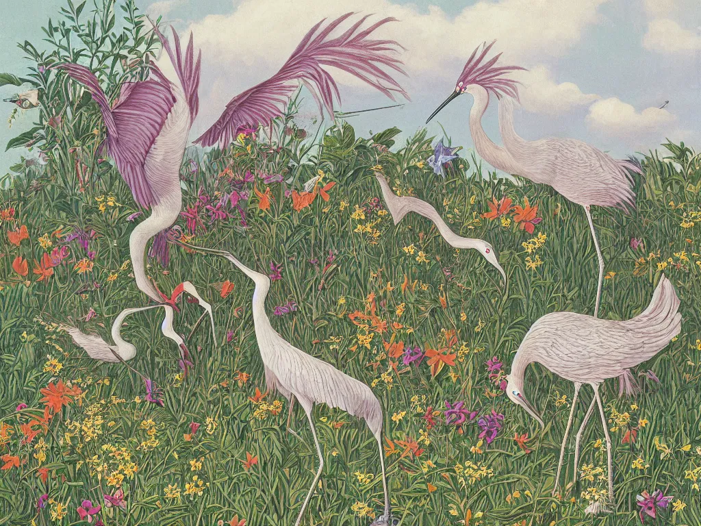 Prompt: Crane birds disturbing a unicorn from its sleep in a wild flower field. Colorful painting by Audubon