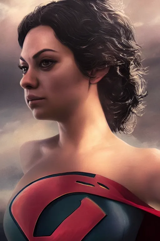 Image similar to a fancy close up of Man of Steel cast as Mila Kunis by Greg Rutkowski, Sung Choi, Mitchell Mohrhauser, Maciej Kuciara, Johnson Ting, Maxim Verehin, Peter Konig, 8k photorealistic, cinematic lighting, HD, high details, dramatic, trending on artstation, full body shot