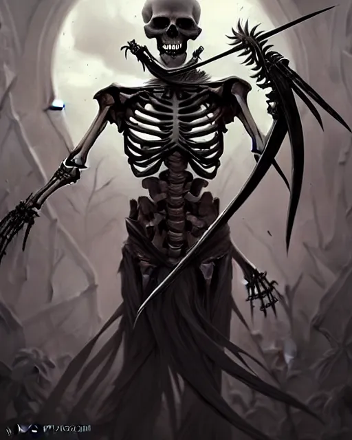 Prompt: A living skeleton, with weapons, elegant, highly detailed, sharp focus, art by Artgerm and Greg Rutkowski and WLOP