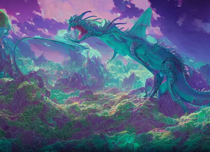 Image similar to psychedelic concept art of a dragon landscape made of thousands of spiraling dragons, cel shaded, in the style of makoto shinkai and moebius and peter mohrbacher and anton fadeev