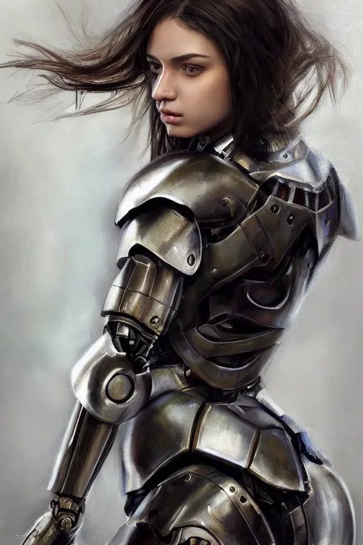 Prompt: a photorealistically painted portrait of an attractive young girl, partially clothed in cybernetic battle armor, with an abstractly painted background, flawless olive skin, fair complexion, long dark hair, beautiful bone structure, perfectly symmetric facial features, perfect photorealistic eyes, natural physique, intricate, elegant, digital painting, concept art, finely detailed, beautifully illustrated, sharp focus, minimal artifacts, volumetric lighting, from Metal Gear, by Ruan Jia and Mandy Jurgens and Artgerm and William-Adolphe Bouguerea, in the style of Greg Rutkowski, trending on Artstation, award winning art