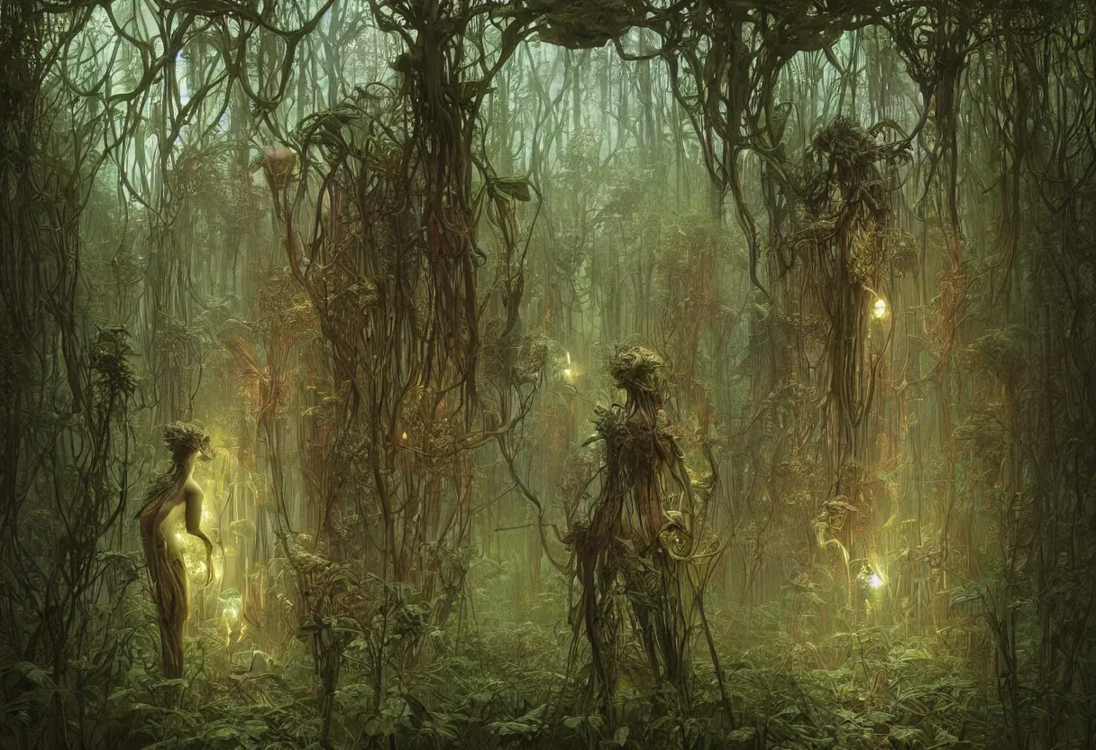 Image similar to humanoid figures made of plants having a seance in a beautiful bioluminescent forest, by daniel - by greg rutkowski and raymond swanland hr giger and zdzislaw beksinski and alphonse mucha and moebius, matte painting, hyperdetailed, symmetry, art nouveau, beautiful render, concept art