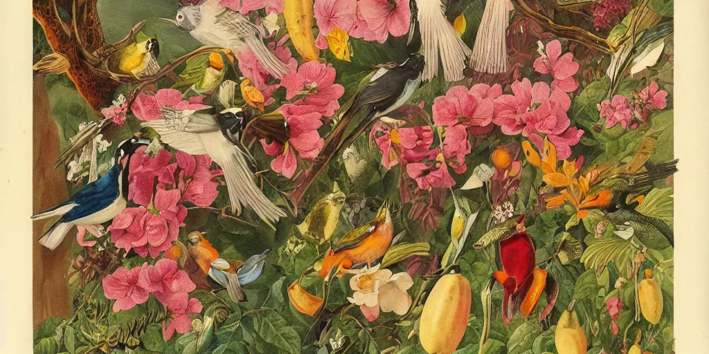 Prompt: vintage illustration, bizarre compositions, blend of flowers, fruits, birds by beto val, john james audubon, exquisite detail