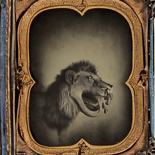 Image similar to tintype photo of a lion with a snake in his mouth