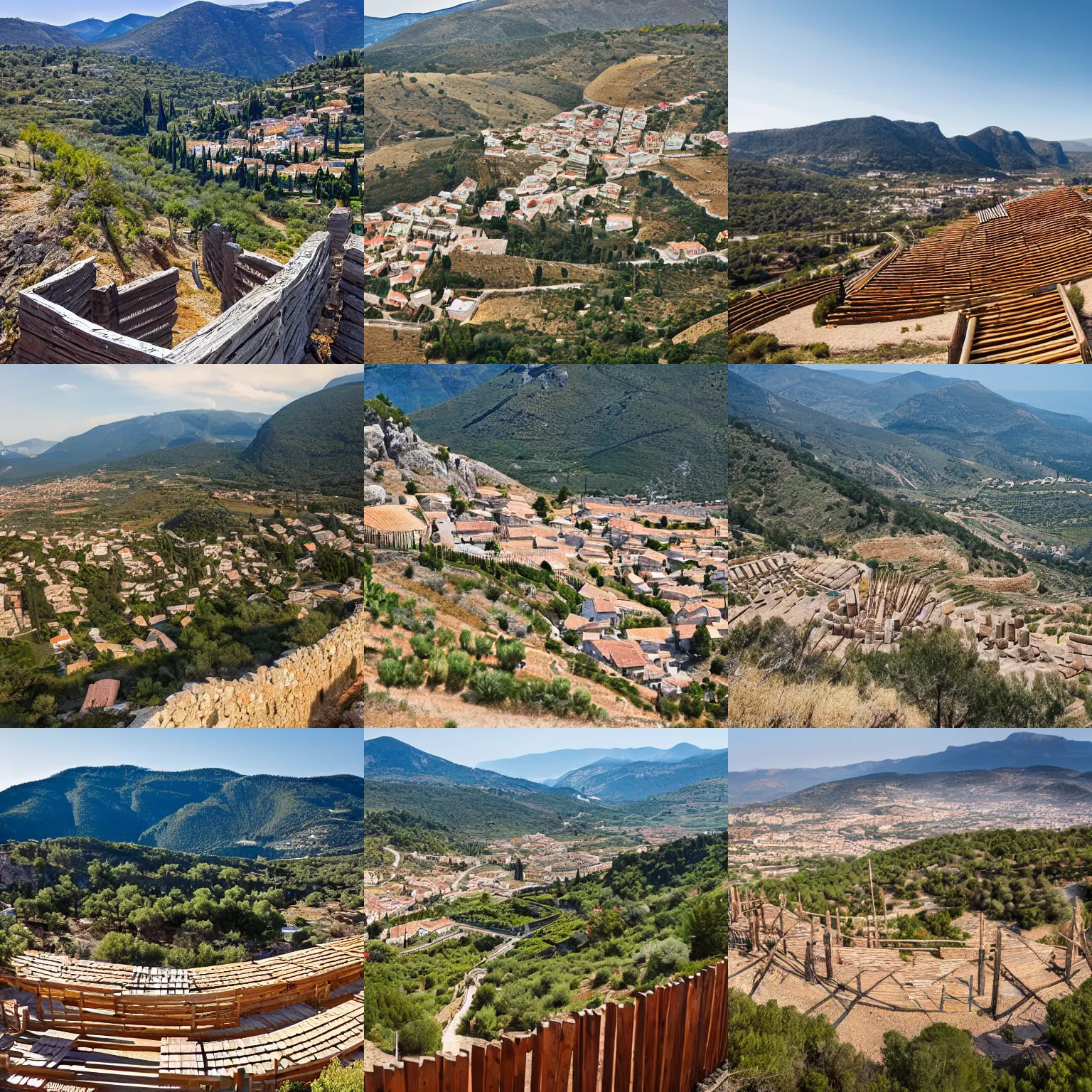 Prompt: eagle view of a circular wooden palisade containing a lively village, in the distance is a rocky hill, epic southern european scenery