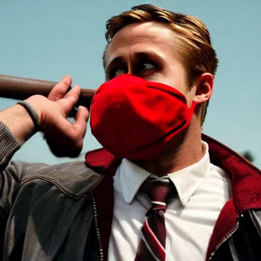 Image similar to Ryan gosling in Drive (2011) holding a baseball bat on his left hand and a goose mask on his right hand, grain, night, illuminated by a street light, atmospheric