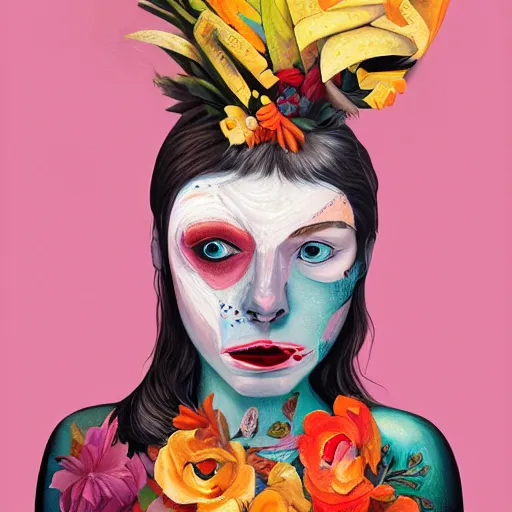 Image similar to a painting of a woman's face with many different things on her face, a surrealist painting, behance contest winner, pop surrealism, surrealist, detailed painting, poster art