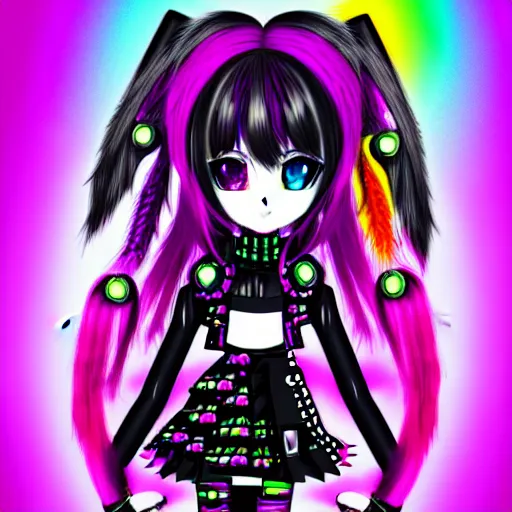 Image similar to maximalist emo anime girl, cybergoth, rainbowcore, vhs monster high, glitchcore witchcore, checkered spiked hair, pixiv