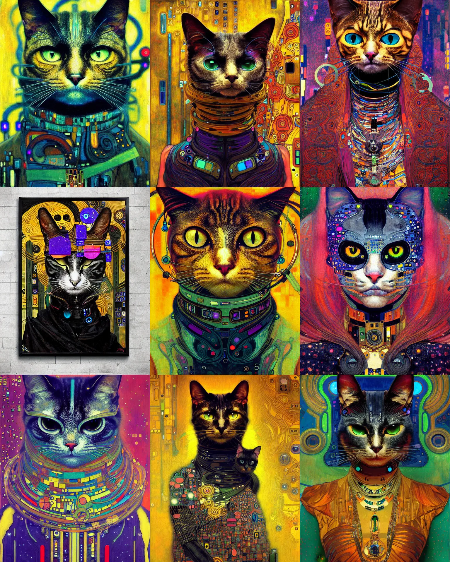 Prompt: cyberpunk cat portrait an acrylic painting splashes with many colors and shapes by gustav klimt greg rutkowski and alphonse mucha, polycount, generative art, psychedelic, fractalism, glitch art