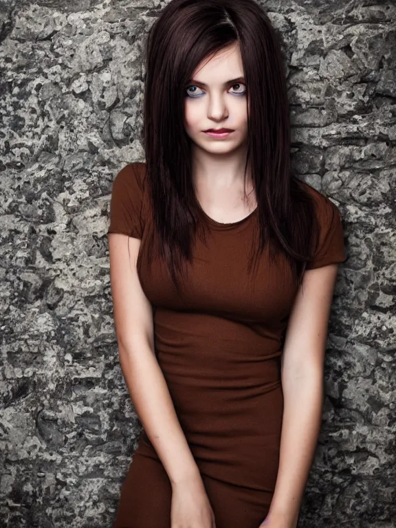 Prompt: hyperdetailed photo of a beautiful ukrainian girl with brown eyes and dark bob hairstyle, winds of winter, in a tight dress