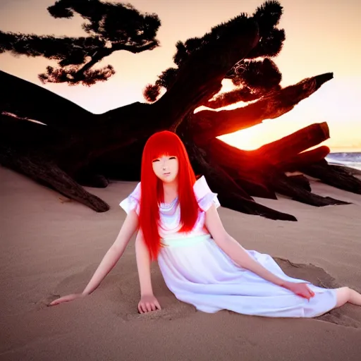 Image similar to Detailed anime visual if japanese girl with long red hair in a white silky dress sitting in the sand on a beach at sunset