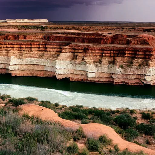 Image similar to photo of green river, wyoming cliffs during thunderstorm. the foreground and river are brightly lit by sun, and the background clouds are dark and foreboding. kodak portra 4 0 0,