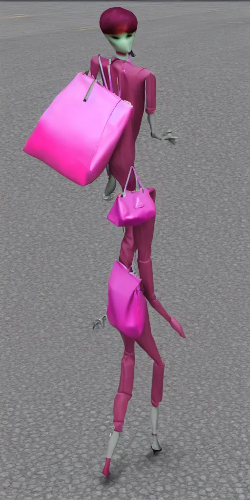 Image similar to rtx deprecated 3d glitched malice doll carrying a pink fashion bag in a street city psx rendered early 90s net art n64