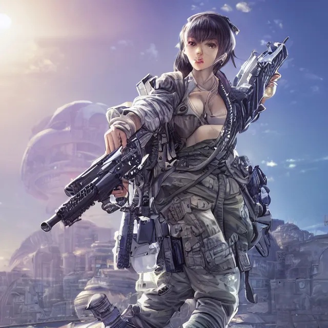 Image similar to the hyperrealistic portrait of lawful neutral female futuristic marine sniper as absurdly beautiful, gorgeous, elegant, young anime gravure idol, an ultrafine hyperdetailed illustration by kim jung gi, irakli nadar, intricate linework, bright colors, octopath traveler, final fantasy, unreal engine 5 highly rendered, global illumination, radiant light, detailed and intricate environment