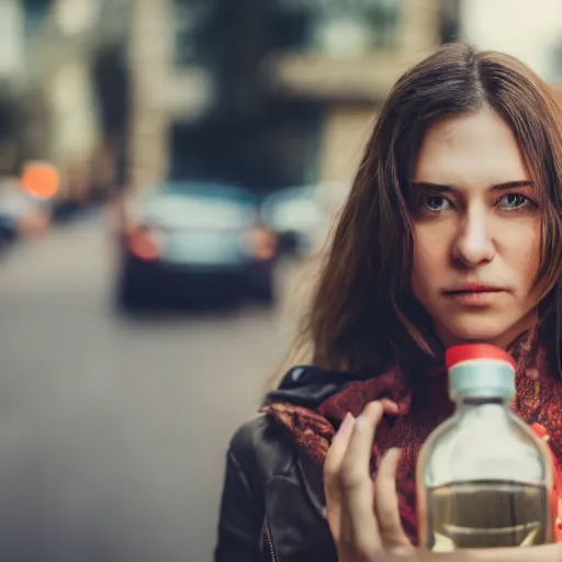 Prompt: photograph of woman holding a bottle in street, kodak, 4 k, realistic intricate detail, hyper detail, woman very tired, full body potrait holding bottle, hazel green eyes, realistic, highlydetailed, natural, masterpiece, sharp focus,