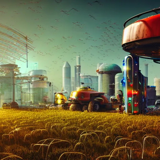 Image similar to fully detailed landscape of a cyberpunk farm , watertank, futuristic tractors, farmhouse, mushroom, overgrowth, Ai , Bots , drones , cinematic lightening, in the future, high quality, 8k , octane render, trending on artstation , greg rutowski