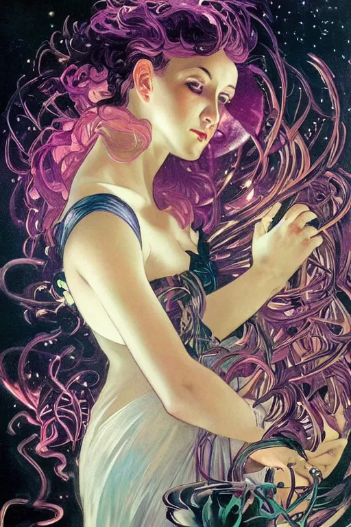 Image similar to she dreams of arcs of purple flame intertwined with glowing sparks, glinting particles of ice, dramatic lighting, steampunk, secret holographic cyphers, red flowers, bright neon solar flares, high contrast, smooth, sharp focus, art nouveau, painting by Caravaggio and Daytoner and Alphonse Mucha