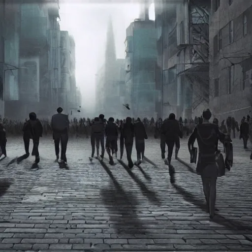 Prompt: hordes of drone-like people aimlessly walking around a depressing dystopian cityscape , trending on artststion, hyper realistic, surreal, melancholic, 8k, upscaled