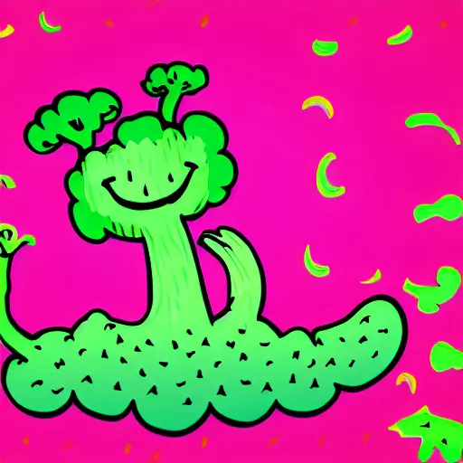 Image similar to dancing broccoli, he is very happy, smiling, children illustration, 2D