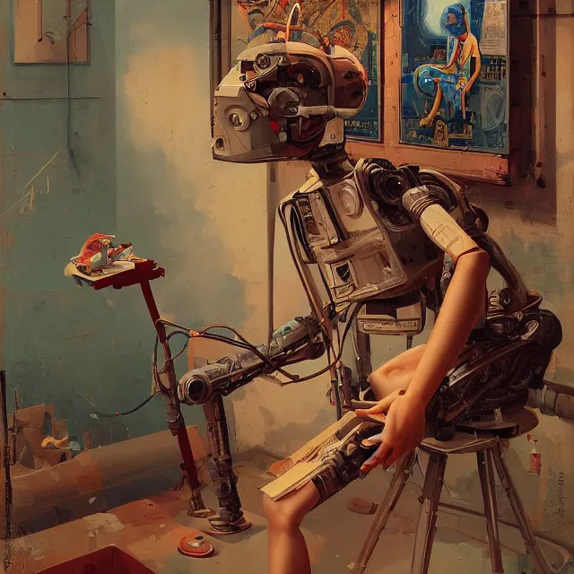 Image similar to robot artist painting a self - portrait on a canvas. intricate, highly detailed, digital matte painting, in the style of alexandros pyromallis, and in the style of sachin teng, and in the style of hans thoma, and in the style of gil elvgren. irony, recursion, inspiration, retrofuturistic.