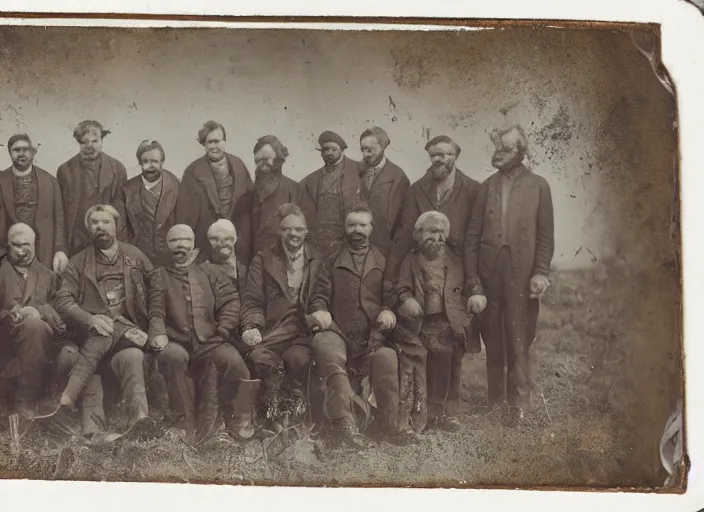 Image similar to tintype photo of a woolly mammoth and a group of men posing with it