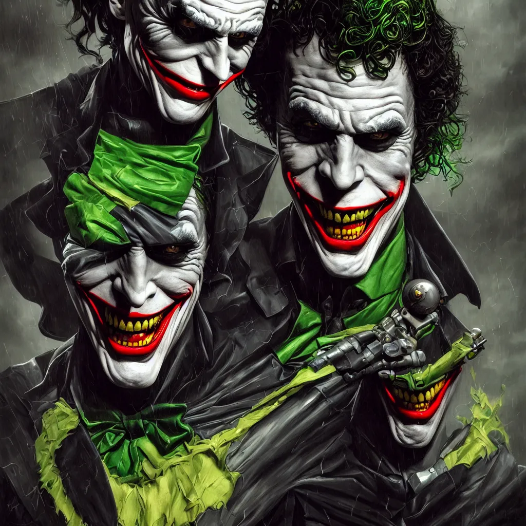 Prompt: a portrait of batman, the joker, robin, the riddler, the scarecrow, twoface, batmobile by karol bak, james jean, tom bagshaw, rococo, sharp focus, trending on artstation, cinematic lighting, hyper realism, octane render, 8 k, hyper detailed, vivid, ultra detailed, highly detailed