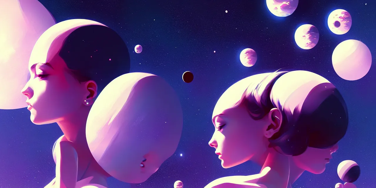 Prompt: girl in space, floating beside planets, symmetrical face and body, dynamic body pose, dynamic composition, detailed designs, digital painting, 4 k, by ilya kuvshinov, by greg rutkowski, atmospheric lighting