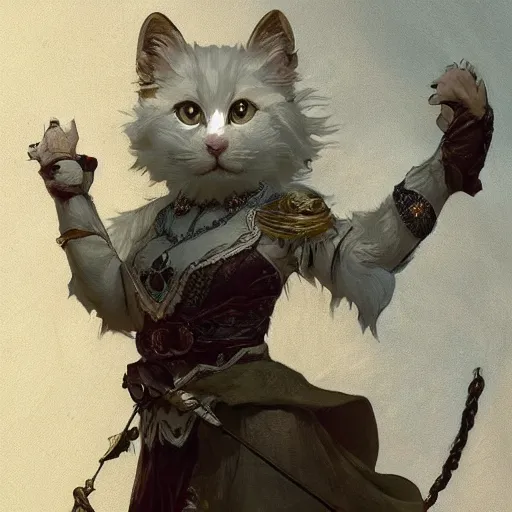 Image similar to A cute heraldic white kitty cat queen posing with one paw pointing slightly up, D&D, fantasy, intricate, cinematic lighting, highly detailed, digital painting, artstation, concept art, smooth, sharp focus, illustration, art by Akihiko Yoshida, Greg Rutkowski and Alphonse Mucha