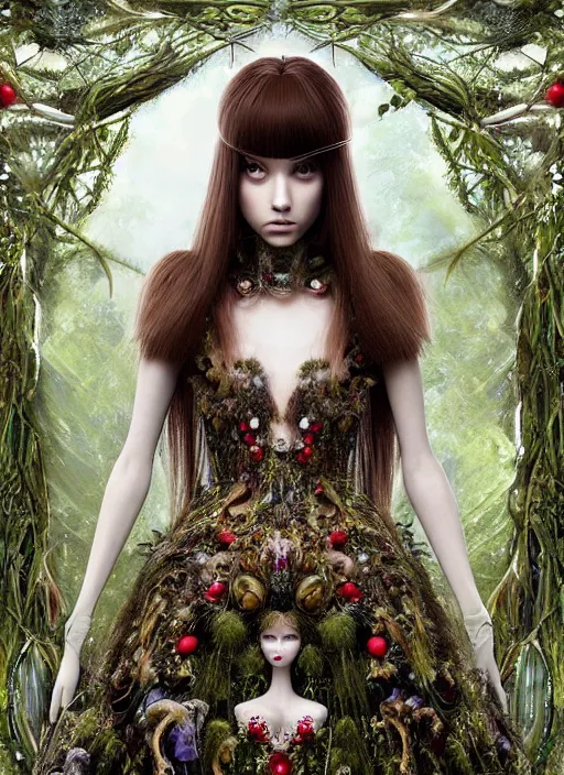 Prompt: a beautiful hyperrealistic ultradetailed 3D, one girl, long hair, long bangs, in a magnificent McQueen couture clothes, doll faces on a dress, Berries decoration on the dress, scalpel face decoration on the dress, mushrooms decoration on the dress,on the background of a futuristic forest, Designer clothes, futuristic clothes, clothes from the future, biopunk, voge photo, fashion style, fullbody, in full growth, intricate, elegant, highly detailed, artstation, concept art, smooth, sharp focus, illustration, art by greg rutkowski and orientalism and bouguereau and Zdzislaw Beksinski, good clear quality, lighting, biology, symmetrical artwork, perfect face, 135 mm, cinematic, hyper realism, high detail, octane render, 8k, chrome accents