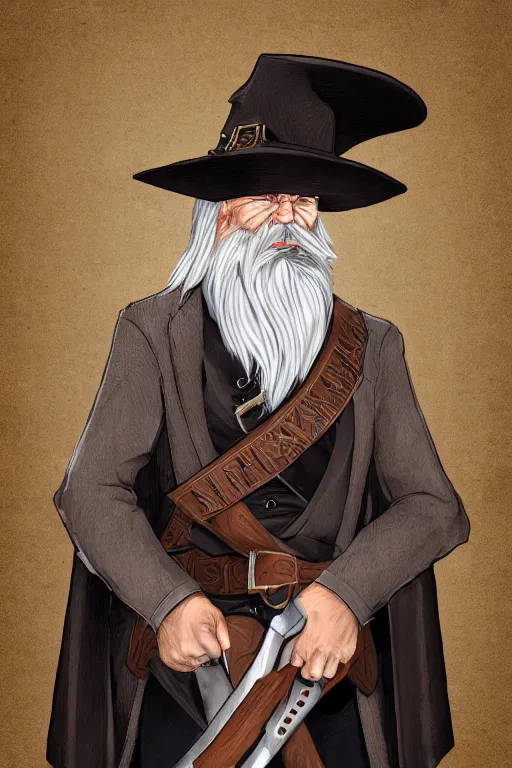 Image similar to older man with sharp cheeks long white hair and beard, wearing black wide brimmed plantation hat and duster coat, and wearing a belt with two revolvers, and bandolier with multiple sheriff badges pinned, high quality DnD illustration, trending on ArtStation, all rights reserved Wizards of the Coast.