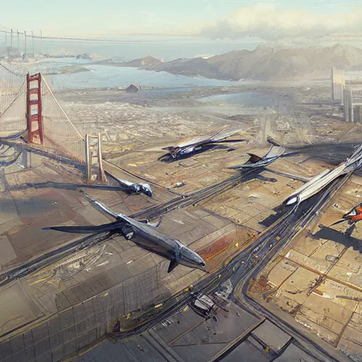 Image similar to concept art, bird's - eye view from san francisco international airport, by james gurney, greg rutkowski, john howe, artstation