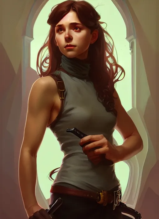 Image similar to portrait of a full body of beautiful young female detective, d & d, sleeveless turtleneck, fantasy, flat lighting, intricate, highly detailed, digital painting, artstation, concept art, smooth, sharp focus, illustration, art by simon bisley and greg rutkowski and alphonse mucha, natural tpose