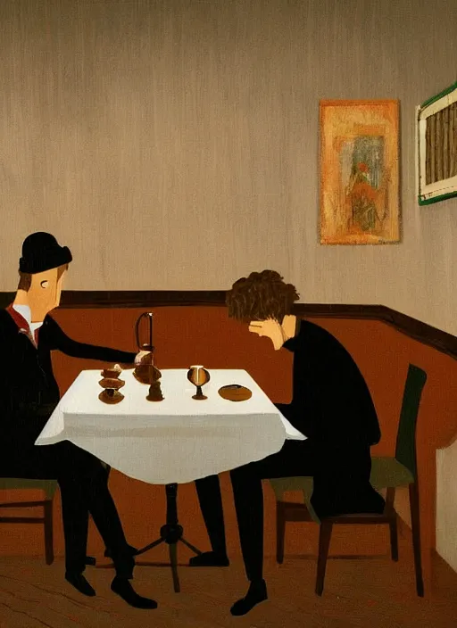 Image similar to A couple having a lonely dinner on a Saturday night painted by Marius Van Dokum, cinematography of Wes Anderson