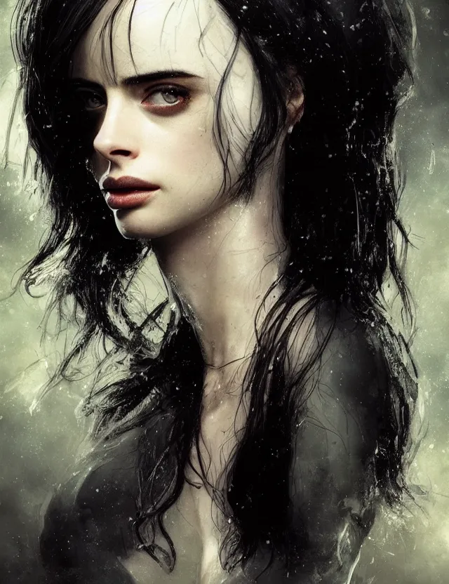 Image similar to face portrait of a beautiful young krysten ritter as trinity from the matrix, long black hair, art by ryo shiotani and greg rutkowski, intricate, rule of thirds, beautiful, cute, cinematic lighting, vintage art by serge ivanoff, inspired by adonna khare