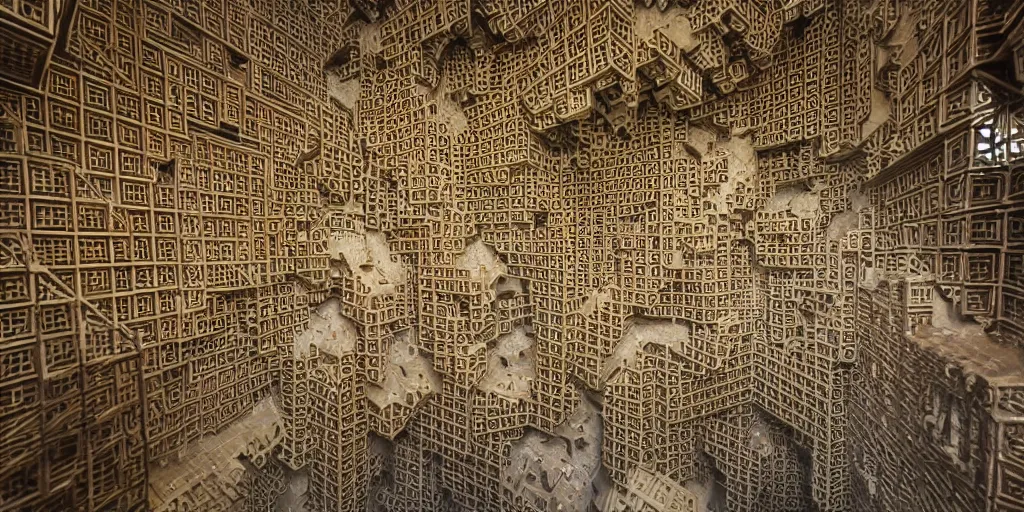 Image similar to endless menger sponge megastructure in the style of mc escher, realistic lighting, very intricate detailed photo, sharp focus, hd, 4 k