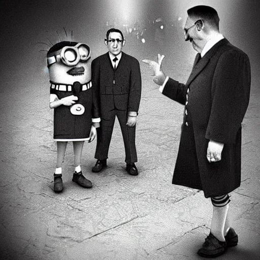 Image similar to “Very photorealistic photo of The Minions from Despicable Me meeting Hitler, atmospheric lighting, award-winning”