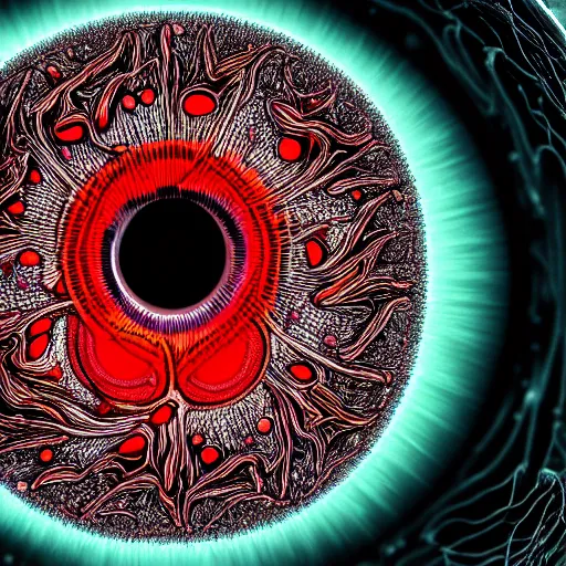 Image similar to a detailed extremely close up of inside the iris, cornea, red image, microscopic, extremely close up drawing by junji ito, cgsociety, generative art, lovecraftian, parallax, cosmic horror, extremely detailed, hyperrealism, unreal engine, octane render, award winning, masterpiece, highly detailed, realistic, 4 k, digital