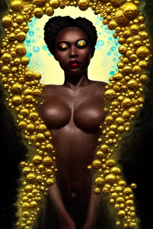 Image similar to hyperrealistic neo - rococo cinematic very expressive! black oshun goddess, open eyes, body in water, mirror dripping droplet!, gold flowers, highly detailed face, digital art masterpiece, smooth eric zener cam de leon dramatic pearlescent teal light, ground angle uhd 8 k, sharp focus