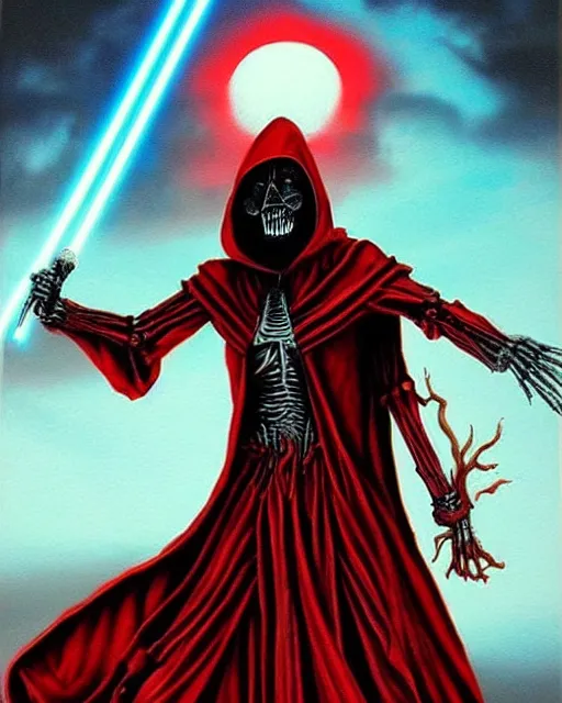 Prompt: hooded sith lord skeletal figure with fiery angry red eyes, airbrush, drew struzan illustration art, key art, movie poster