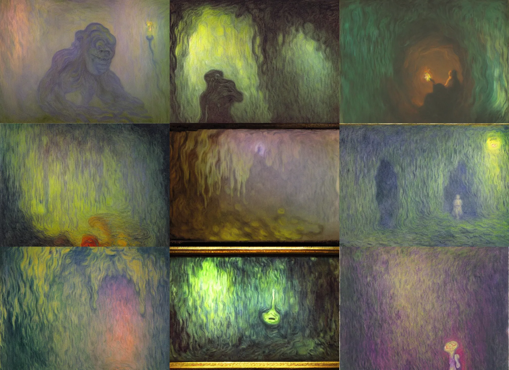 Prompt: eerie weird nasty fleshy slimy monster spirit creature in a dark cave, torchlight, impressionist painting, claude monet, pale pastel colours, dreamy hazy