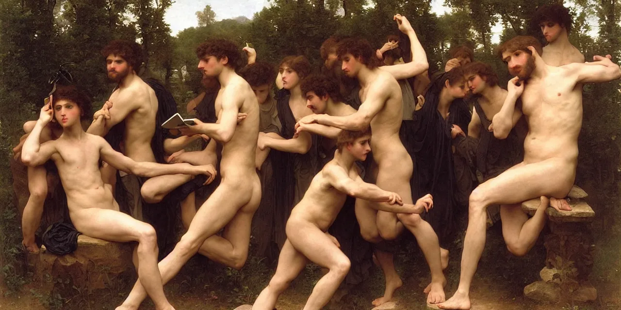 Image similar to a large group of pre - raphaelite athletic males wearing headset holding macbook! by bouguereau